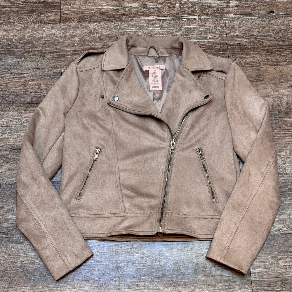 Philosophy Faux Suede Moto Jacket Womens Small Taupe Mushroom Beige Biker Zip